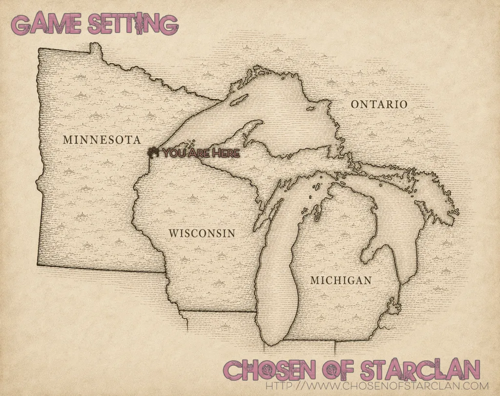 An old timey map showing CoSC's location at the point of Lake Superior in the United States, on the border between Minnesota and Wisconsin.